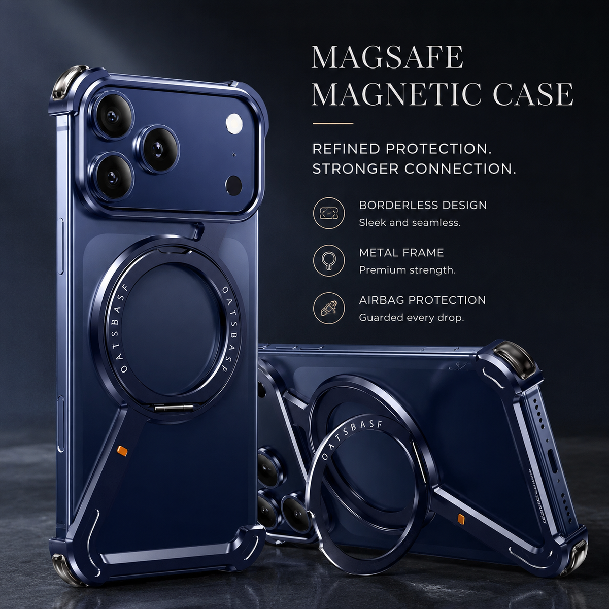 Premium iPhone Case MagSafe Aluminum Alloy Frameless Magnetic Ring Kickstand Shockproof Protective Bumper 360 Rotating Stand Anti Scratch Slim Lightweight