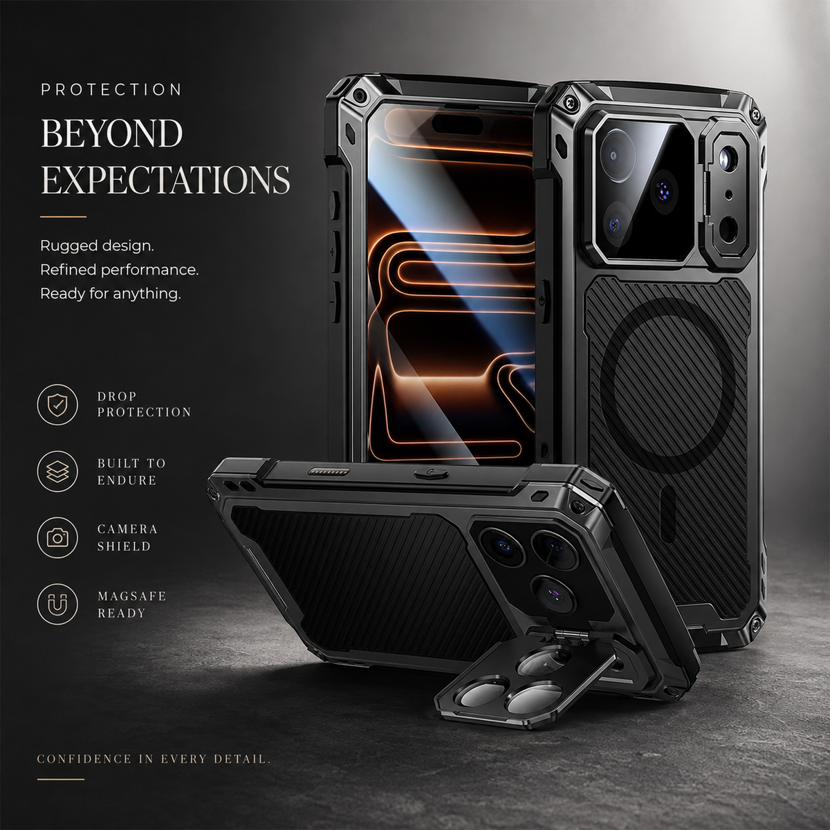 Premium iPhone Case MagSafe Aluminum Armor Camera Kickstand Magnetic Heavy Duty Shockproof Glass Screen Protector Anti Scratch Full Coverage Metal Case