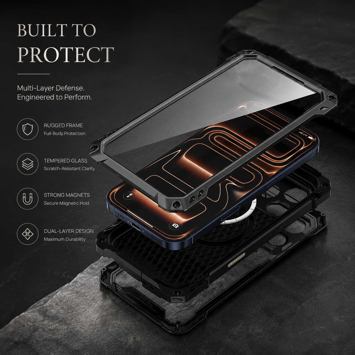 Premium iPhone Case MagSafe Aluminum Armor Camera Kickstand Magnetic Heavy Duty Shockproof Glass Screen Protector Anti Scratch Full Coverage Metal Case