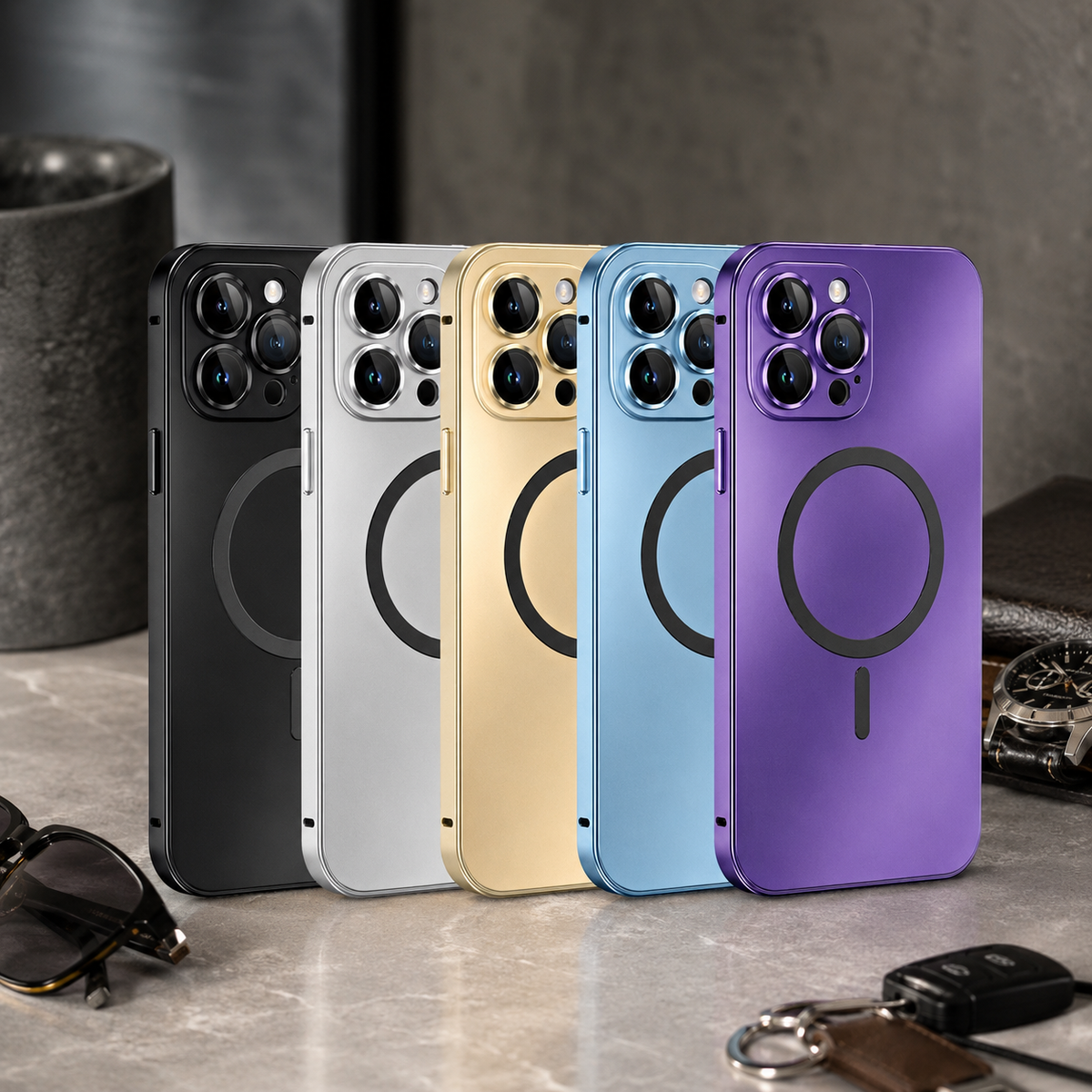 Premium iPhone Case MagSafe Buckle Lock Aluminum Alloy Metal Frame Magnetic PC Back Panel Shockproof Slim Protective Bumper Phone Cover Case Design