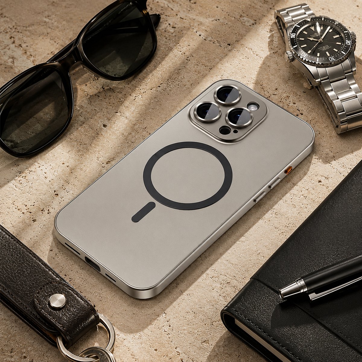 Premium iPhone Case MagSafe Buckle Lock Aluminum Alloy Metal Frame Magnetic PC Back Panel Shockproof Slim Protective Bumper Phone Cover Case Design