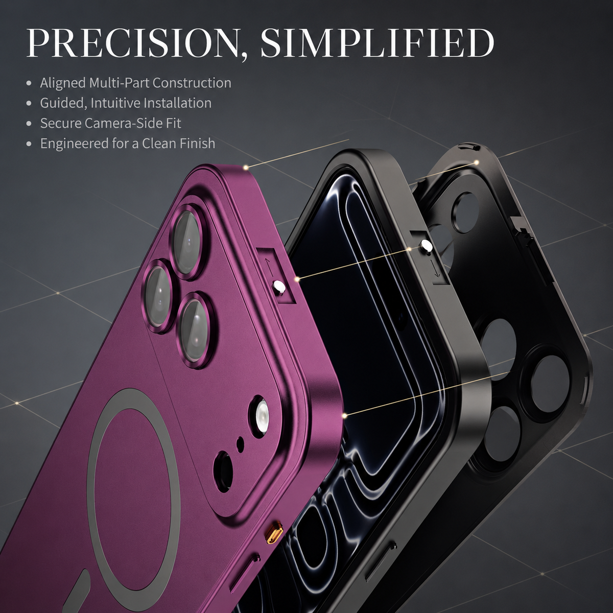Premium iPhone Case MagSafe Buckle Lock Aluminum Alloy Metal Frame Magnetic PC Back Panel Shockproof Slim Protective Bumper Phone Cover Case Design