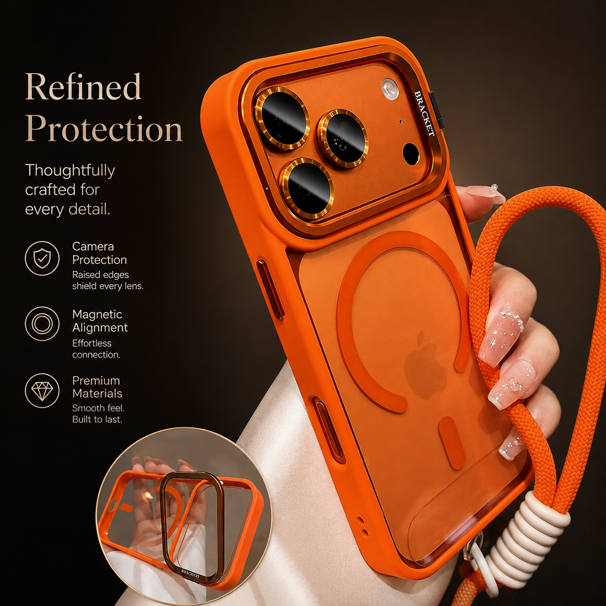 Premium iPhone Case MagSafe Camera Bracket Stand Wrist Strap Lens Film Magnetic Shockproof PC TPU Anti Scratch Non Slip Clear Protective Cover Case