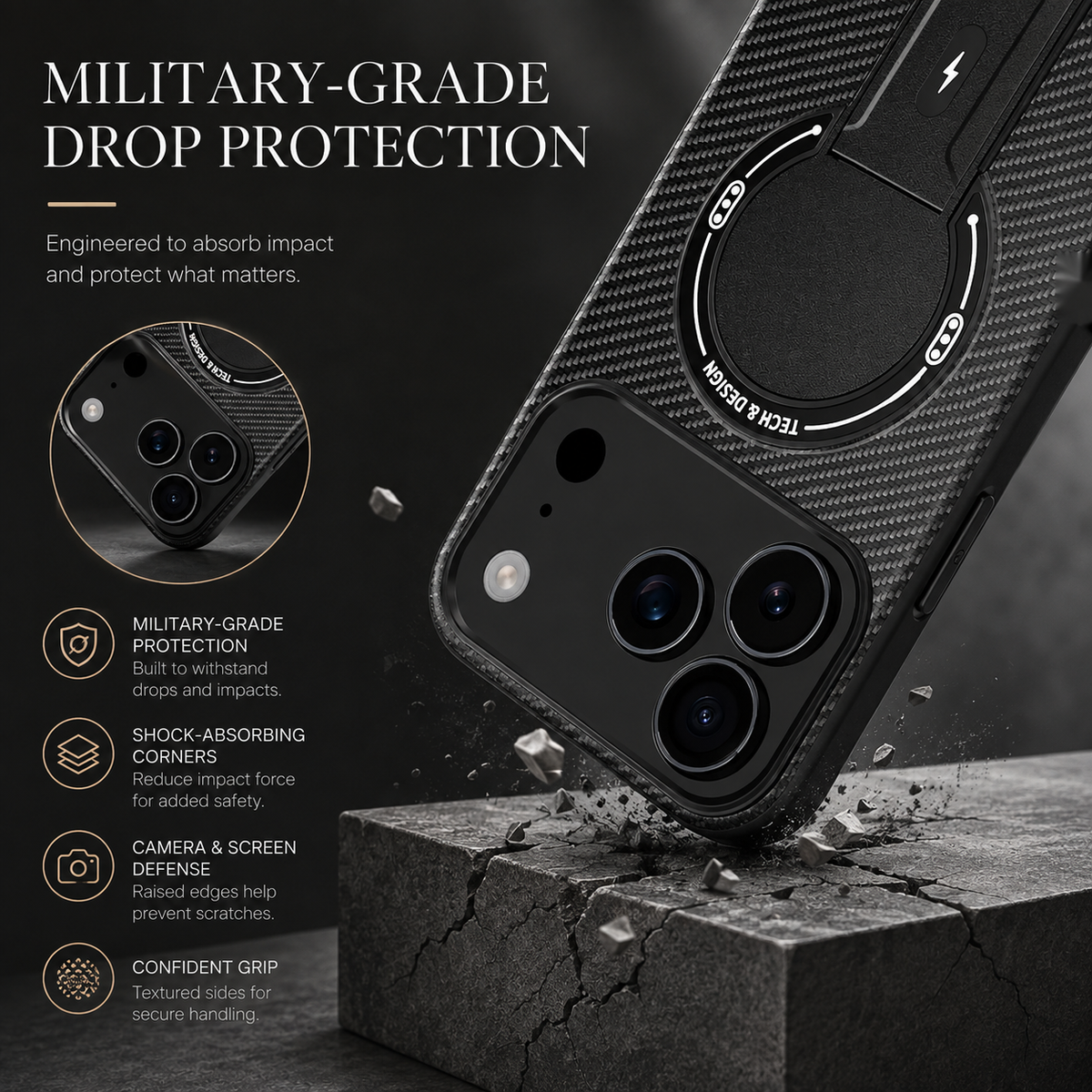 Premium iPhone Case MagSafe Carbon Fiber Armor Magnetic Ring Stand Heavy Duty PC TPU Dual Layer Shockproof Anti Scratch Protective Cover