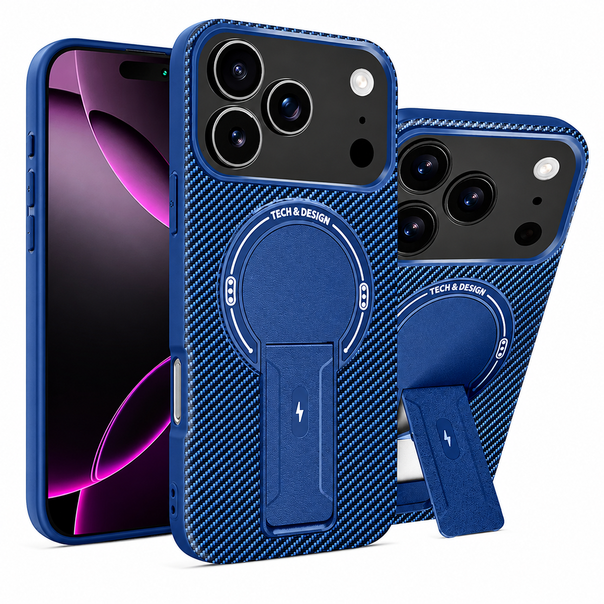Premium iPhone Case MagSafe Carbon Fiber Armor Magnetic Ring Stand Heavy Duty PC TPU Dual Layer Shockproof Anti Scratch Protective Cover