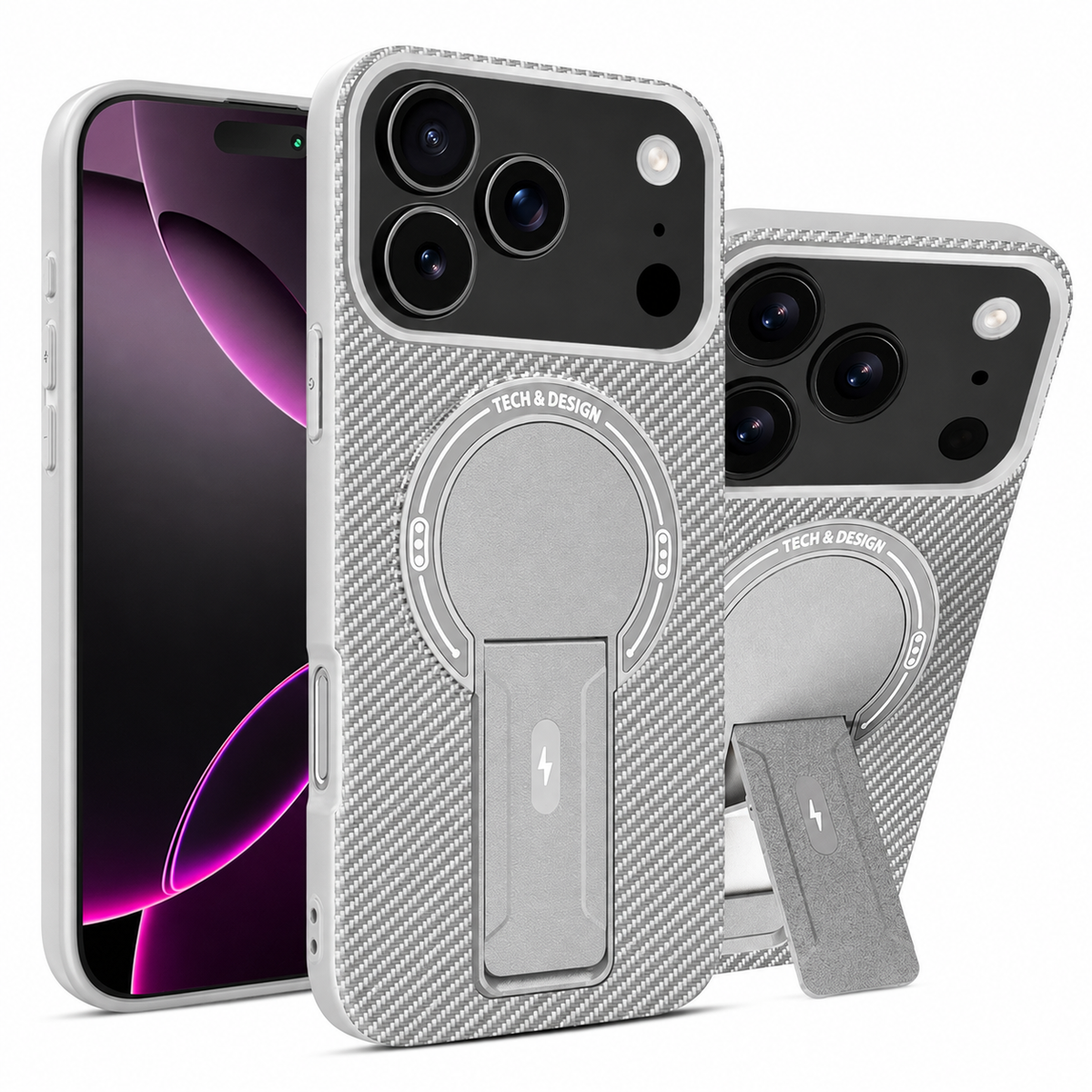 Premium iPhone Case MagSafe Carbon Fiber Armor Magnetic Ring Stand Heavy Duty PC TPU Dual Layer Shockproof Anti Scratch Protective Cover
