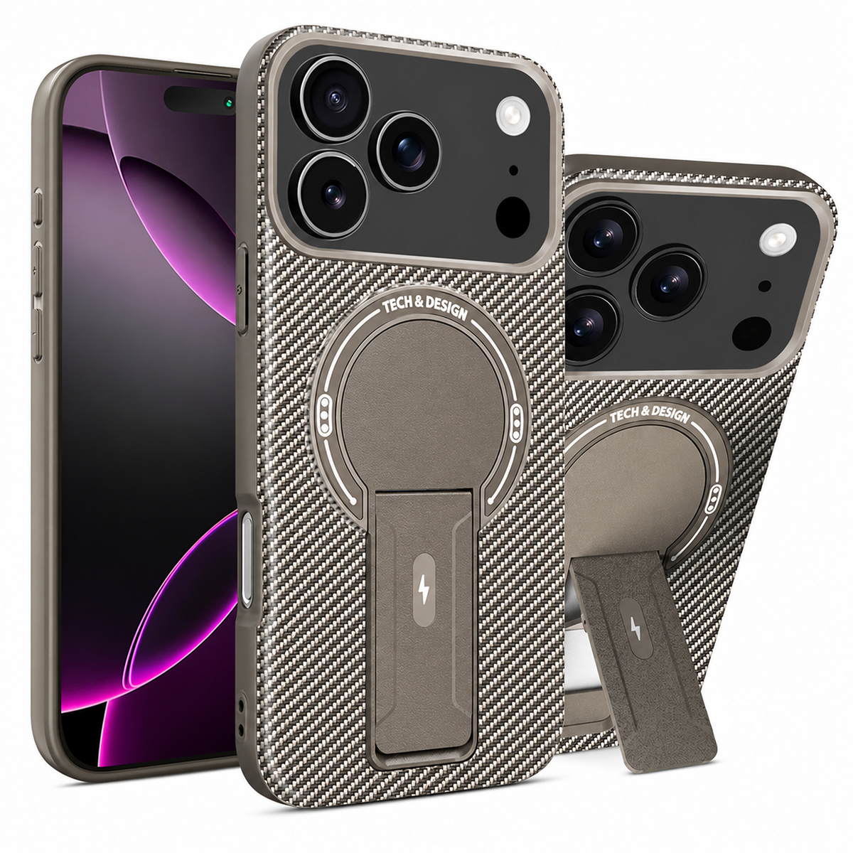 Premium iPhone Case MagSafe Carbon Fiber Armor Magnetic Ring Stand Heavy Duty PC TPU Dual Layer Shockproof Anti Scratch Protective Cover