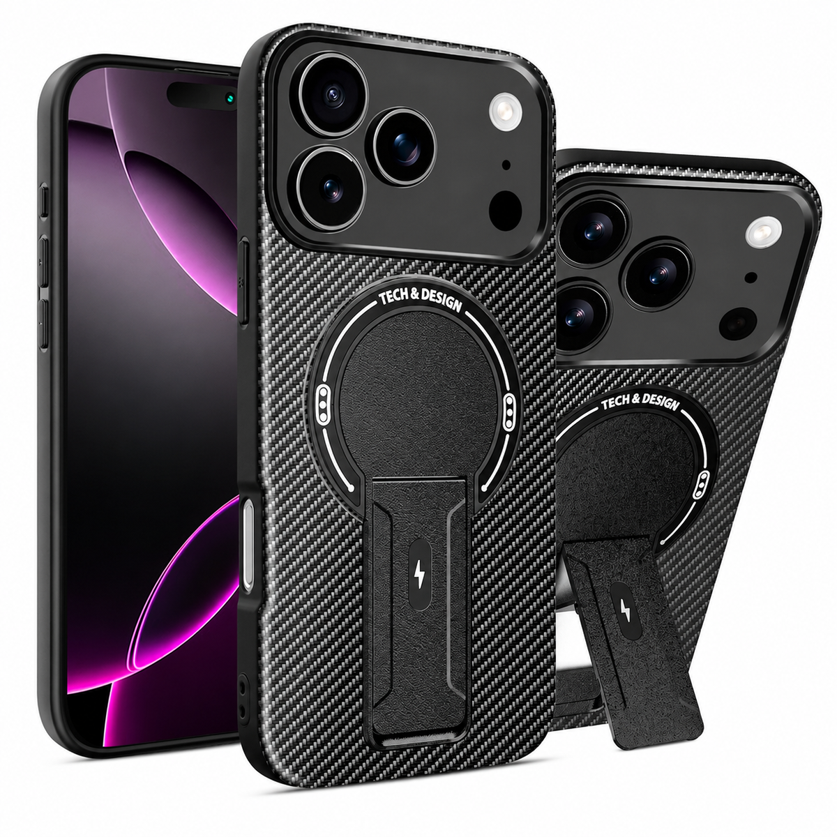 Premium iPhone Case MagSafe Carbon Fiber Armor Magnetic Ring Stand Heavy Duty PC TPU Dual Layer Shockproof Anti Scratch Protective Cover