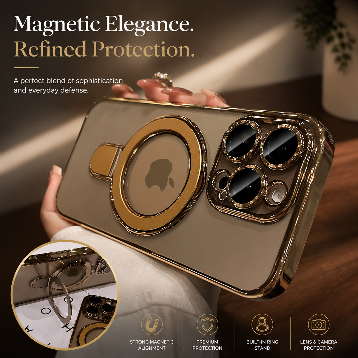 Premium iPhone Case MagSafe Clear Acrylic Magnetic Kickstand Shockproof Protective Cover Camera Lens Protection Anti Fingerprint Plated Slim Anti Scratch