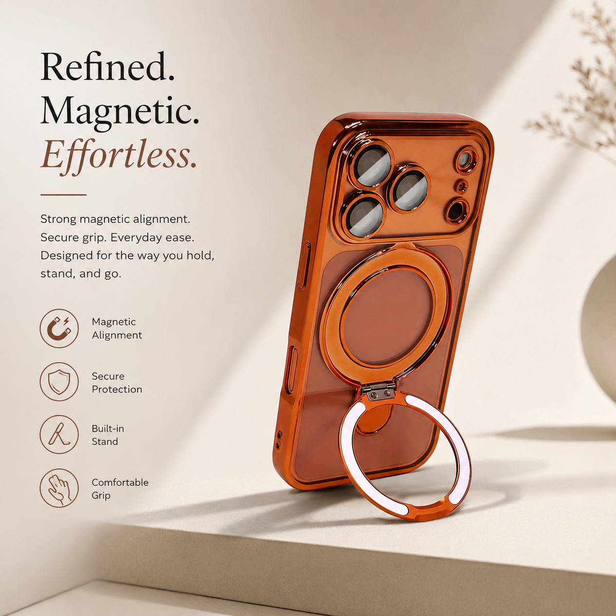 Premium iPhone Case MagSafe Clear Magnetic Plating Stand Holder Shockproof PC TPU Protective Cover Foldable Bracket Anti Scratch Slim Transparent Case