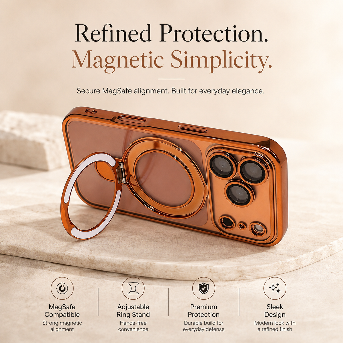 Premium iPhone Case MagSafe Clear Magnetic Plating Stand Holder Shockproof PC TPU Protective Cover Foldable Bracket Anti Scratch Slim Transparent Case