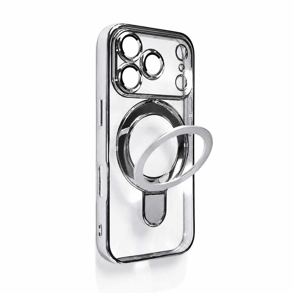 Premium iPhone Case MagSafe Clear Magnetic Plating Stand Holder Shockproof PC TPU Protective Cover Foldable Bracket Anti Scratch Slim Transparent Case