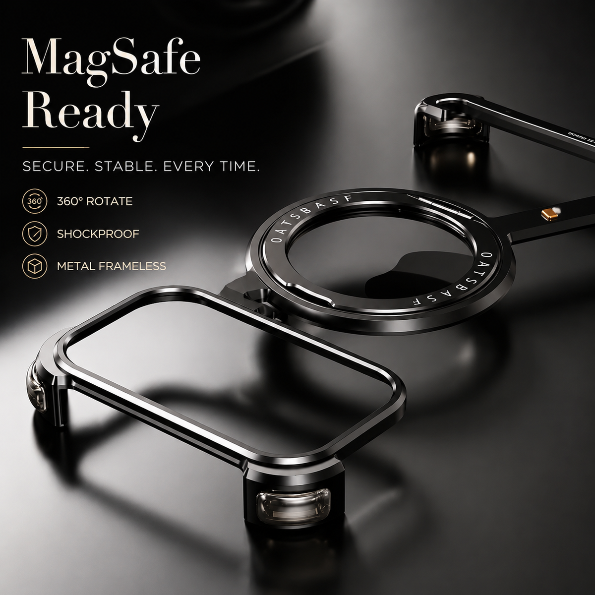 Premium iPhone Case MagSafe Compatible Aluminum Magnetic Frameless Shockproof Protective Cover 360° Rotating Ring Stand Camera Lens Guard Slim Design