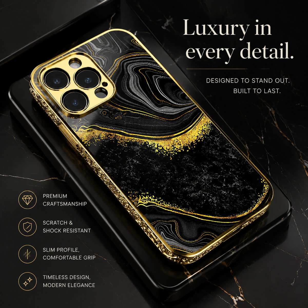 Premium iPhone Case MagSafe Compatible Black Marble Texture Shockproof Protective Cover Gold Edge Design Camera Lens Protection 3D Grip Slim Profile