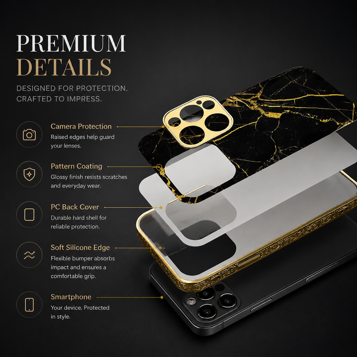 Premium iPhone Case MagSafe Compatible Black Marble Texture Shockproof Protective Cover Gold Edge Design Camera Lens Protection 3D Grip Slim Profile