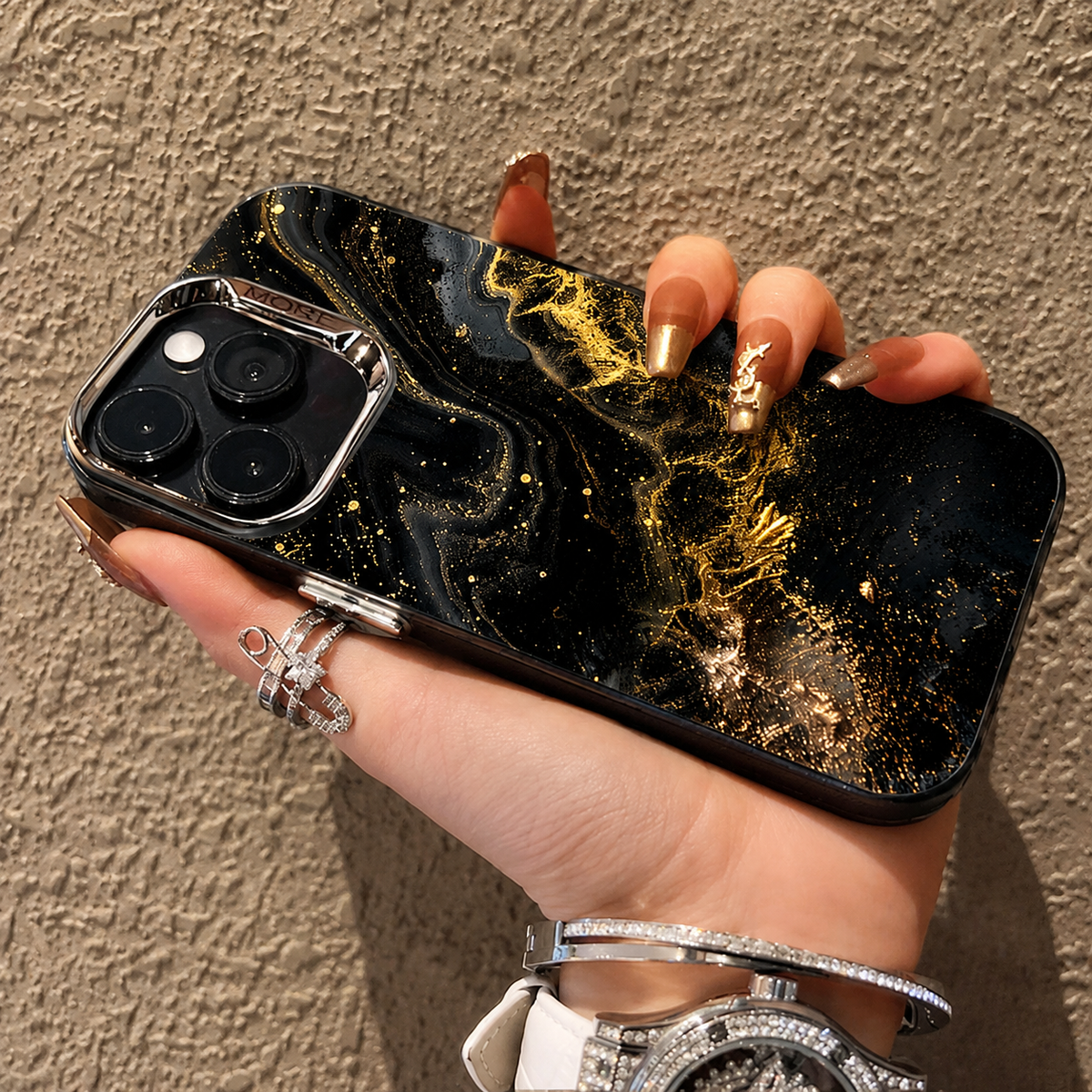Premium iPhone Case MagSafe Compatible Black Marble Texture Shockproof Protective Cover Gold Edge Design Camera Lens Protection 3D Grip Slim Profile