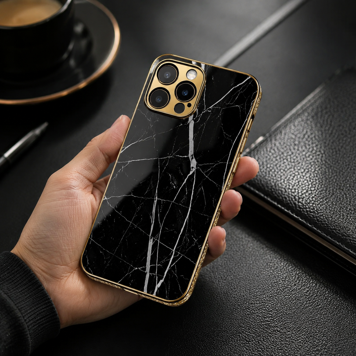 Premium iPhone Case MagSafe Compatible Black Marble Texture Shockproof Protective Cover Gold Edge Design Camera Lens Protection 3D Grip Slim Profile