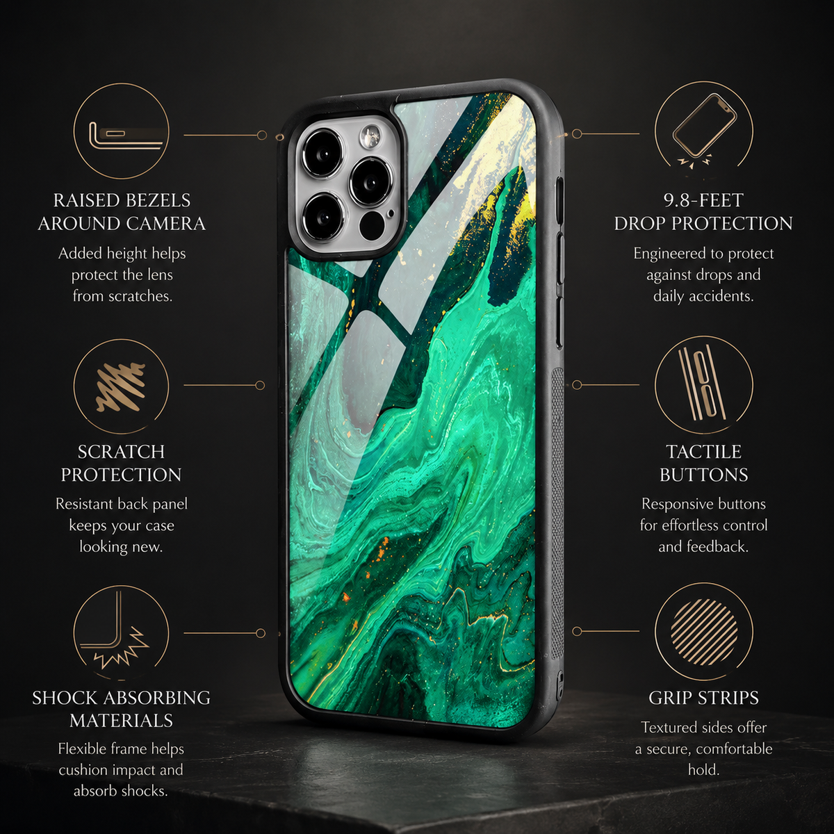 Premium iPhone Case MagSafe Compatible Black Marble Texture Shockproof Protective Cover Gold Edge Design Camera Lens Protection 3D Grip Slim Profile