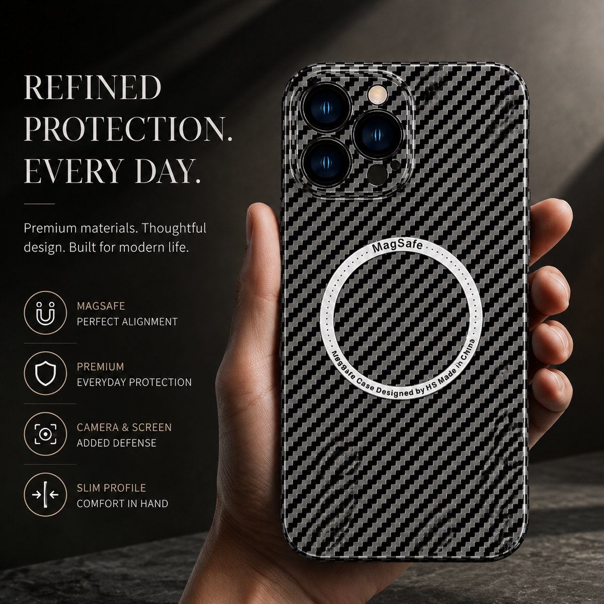 Premium iPhone Case MagSafe Compatible Carbon Fiber Magnetic Cover Shockproof Protection Camera Lens Guard Slim Lightweight Anti Scratch Durable Design
