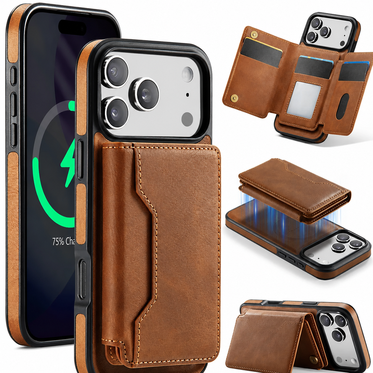Premium iPhone Case MagSafe Compatible Detachable Wallet PU Leather Card Holder Magnetic Shockproof Protective Cover Anti Scratch Slim Secure Storage