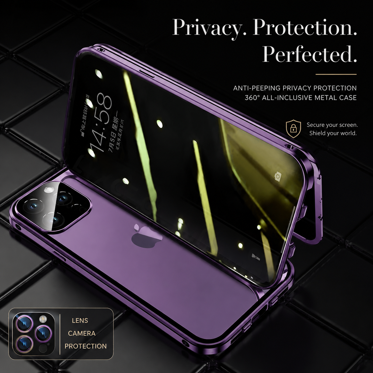 Premium iPhone Case MagSafe Compatible Double Sided Tempered Glass Privacy Screen Metal Frame Shockproof Full Body Camera Lens Protection Slim Design