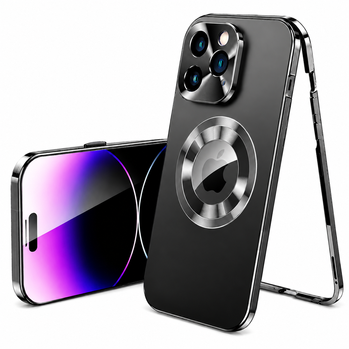 Premium iPhone Case MagSafe Compatible Double Sided Tempered Glass Privacy Screen Metal Frame Shockproof Full Body Camera Lens Protection Slim Design