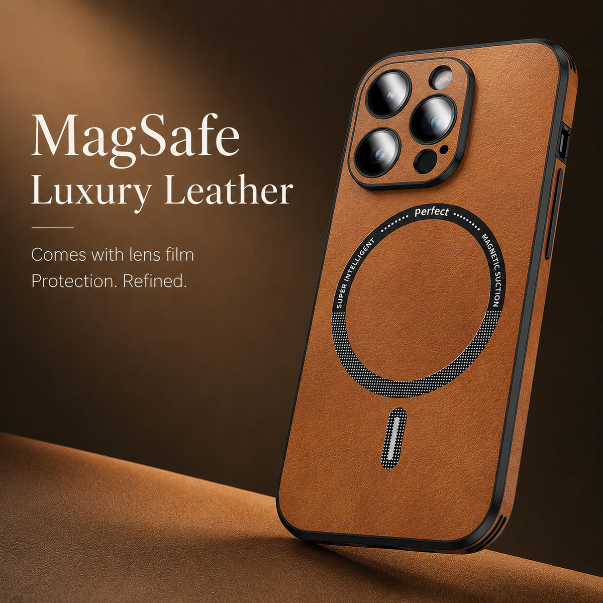 Premium iPhone Case MagSafe Compatible Genuine Leather Shockproof Protective Cover Camera Lens Protection Magnetic Slim Design Soft Touch Grip