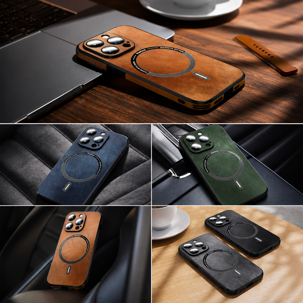 Premium iPhone Case MagSafe Compatible Genuine Leather Shockproof Protective Cover Camera Lens Protection Magnetic Slim Design Soft Touch Grip