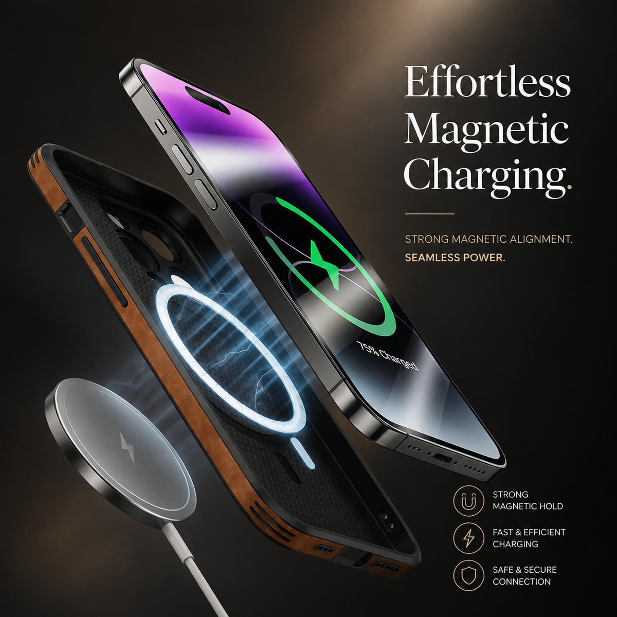 Premium iPhone Case MagSafe Compatible Genuine Leather Shockproof Protective Cover Camera Lens Protection Slim Magnetic Design Soft Touch Grip