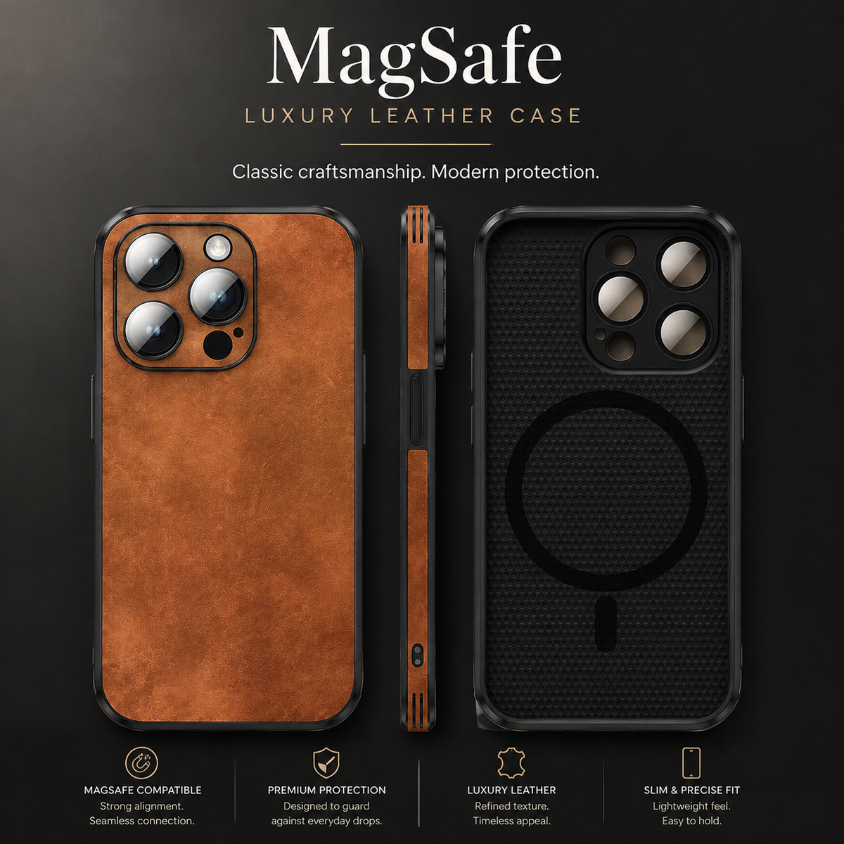 Premium iPhone Case MagSafe Compatible Genuine Leather Shockproof Protective Cover Camera Lens Protection Slim Magnetic Design Soft Touch Grip