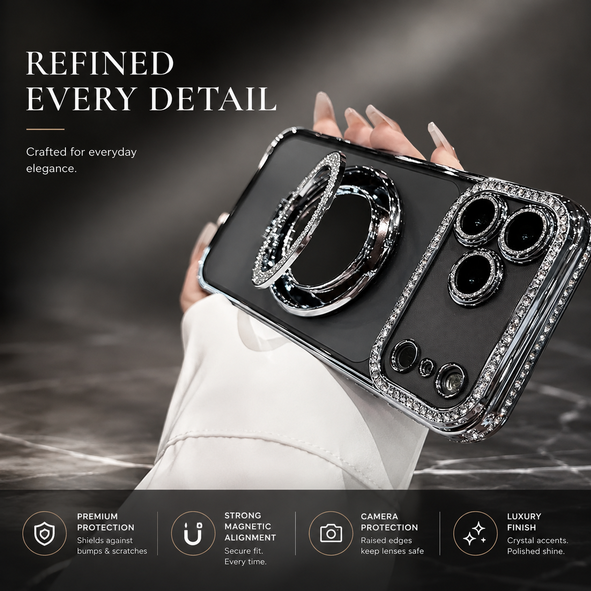 Premium iPhone Case MagSafe Compatible Glitter Clear Protective Cover Diamond Mirror Shockproof Anti Scratch Anti Fingerprint Slim Camera Protection Non Slip