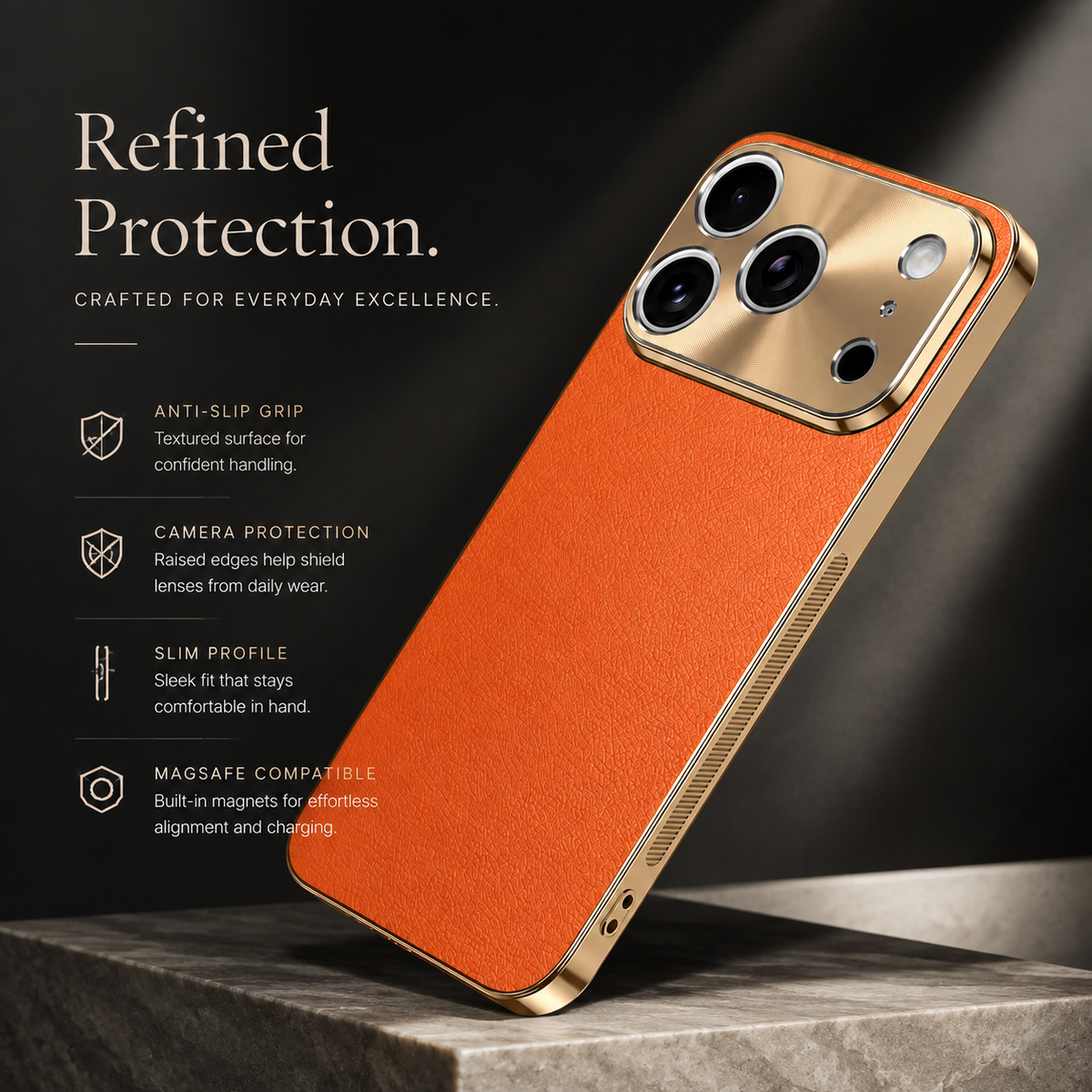 Premium iPhone Case MagSafe Compatible Lychee Texture Leather Cover Electroplated Frame Shockproof Camera Lens Protection Slim Magnetic Anti Slip Design