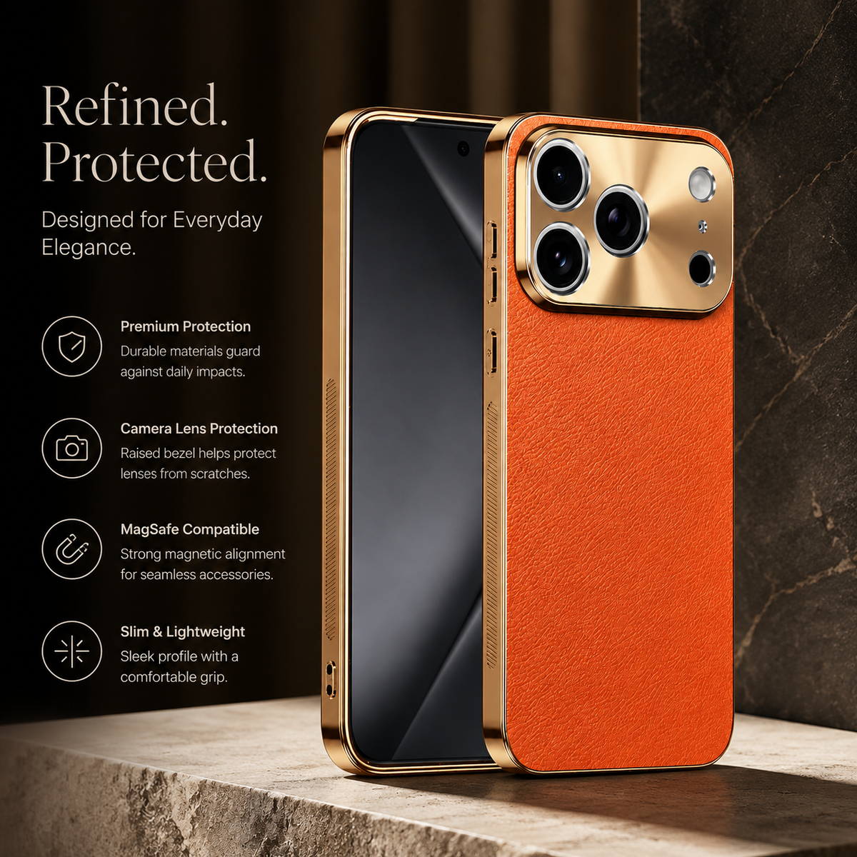 Premium iPhone Case MagSafe Compatible Lychee Texture Leather Cover Electroplated Frame Shockproof Camera Lens Protection Slim Magnetic Anti Slip Design