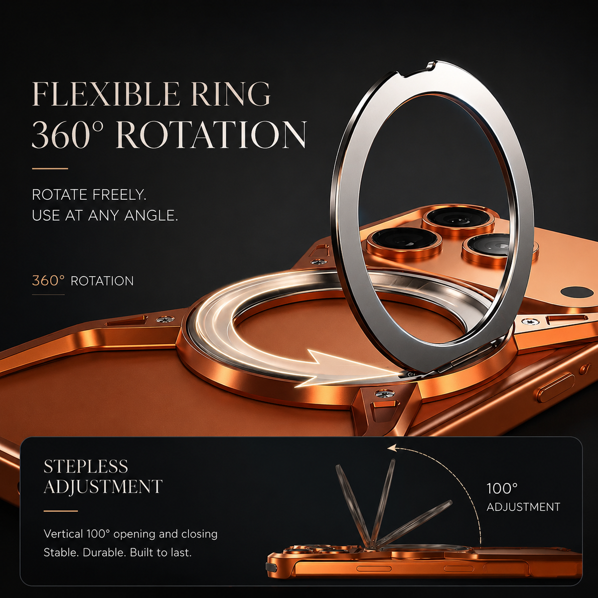 Premium iPhone Case MagSafe Compatible Magnetic Bumper Aluminum Alloy Frame 360° Rotating Ring Stand Shockproof Edge Protection Camera Lens Guard Slim Design