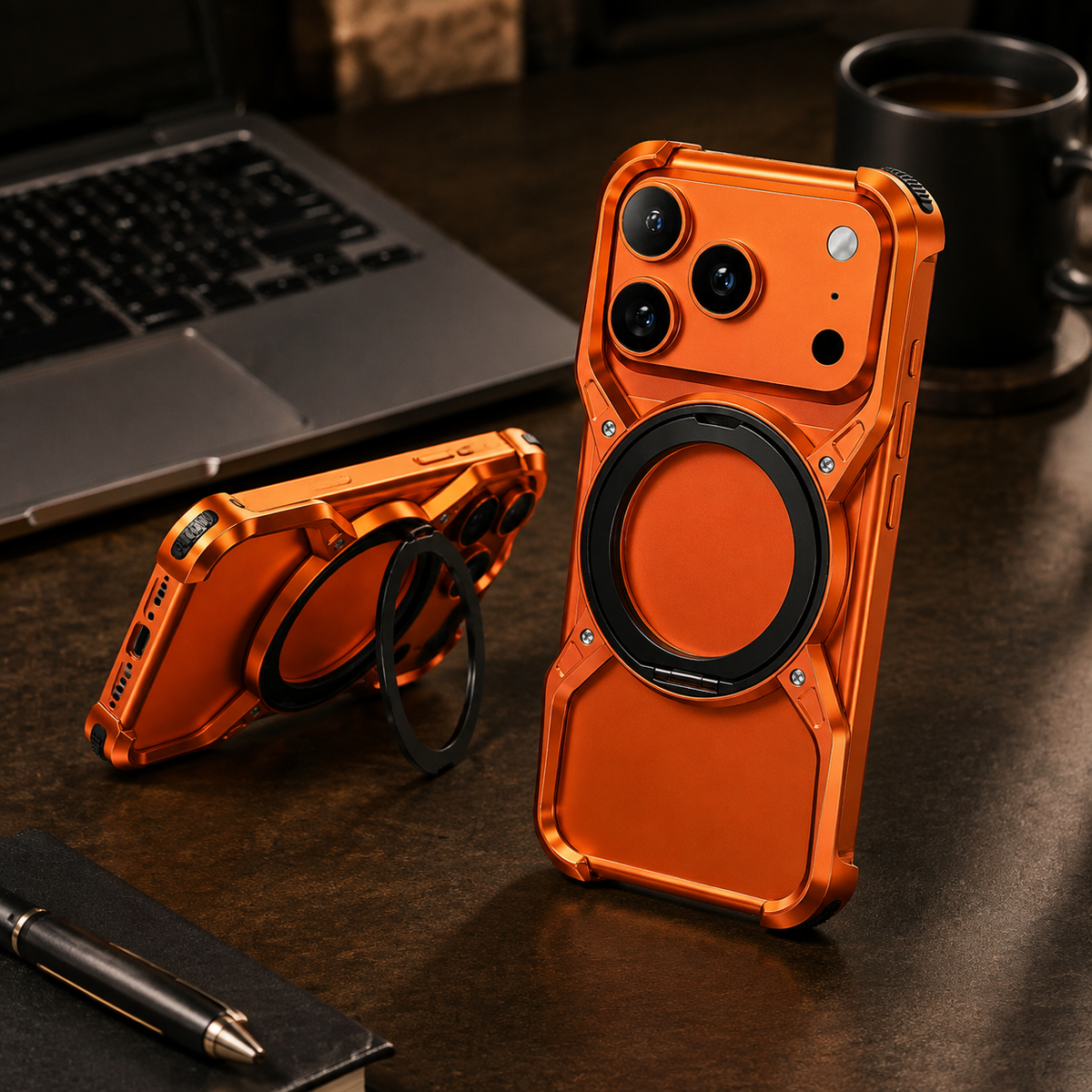 Premium iPhone Case MagSafe Compatible Magnetic Bumper Aluminum Alloy Frame 360° Rotating Ring Stand Shockproof Edge Protection Camera Lens Guard Slim Design