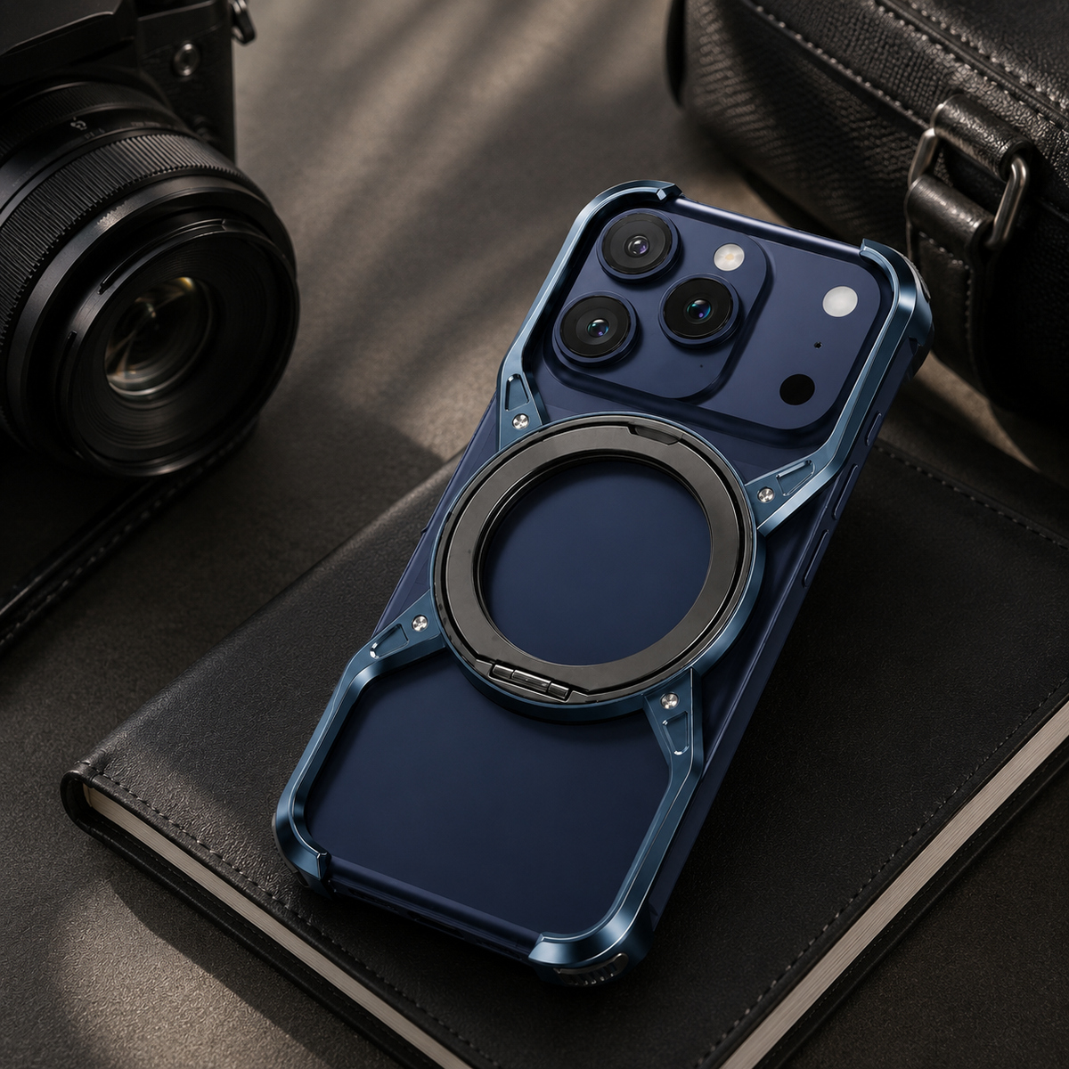Premium iPhone Case MagSafe Compatible Magnetic Bumper Aluminum Alloy Frame 360° Rotating Ring Stand Shockproof Edge Protection Camera Lens Guard Slim Design