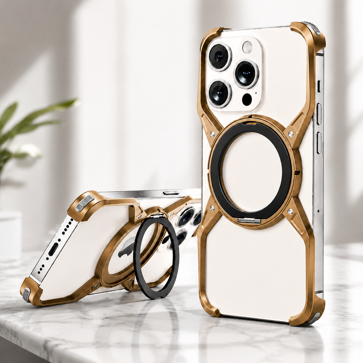 Premium iPhone Case MagSafe Compatible Magnetic Bumper Aluminum Alloy Frame 360° Rotating Ring Stand Shockproof Edge Protection Camera Lens Guard Slim Design