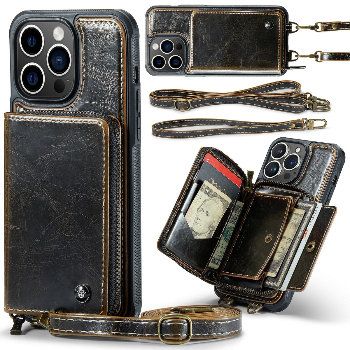 Premium iPhone Case MagSafe Compatible Magnetic Crossbody Wallet Cover PU Leather Card Holder Strap Stand Shockproof Full Protection Slim Design