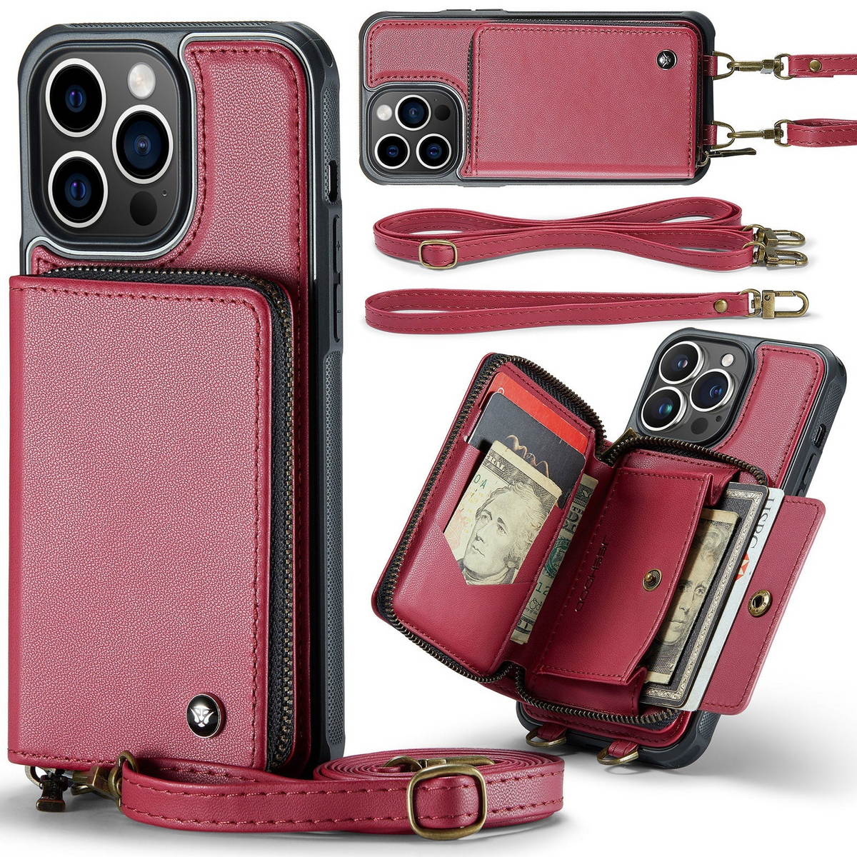 Premium iPhone Case MagSafe Compatible Magnetic Crossbody Wallet Cover PU Leather Card Holder Strap Stand Shockproof Full Protection Slim Design