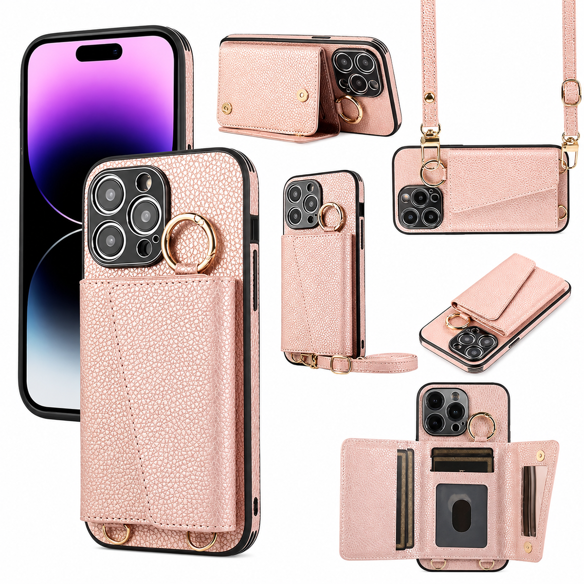 Premium iPhone Case MagSafe Compatible Magnetic Crossbody Wallet Cover PU Leather Card Slots Finger Ring Buckle Strap Shockproof Full Protection Slim Design