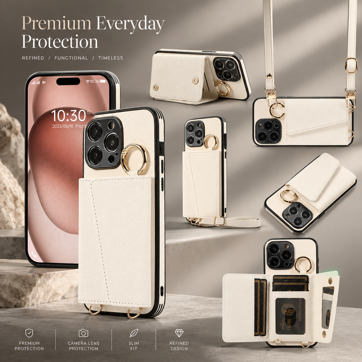 Premium iPhone Case MagSafe Compatible Magnetic Crossbody Wallet Cover PU Leather Card Slots Finger Ring Buckle Strap Shockproof Full Protection Slim Design