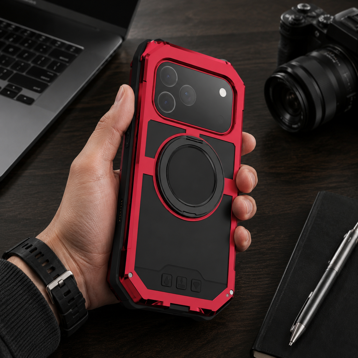Premium iPhone Case MagSafe Compatible Magnetic Protective Cover Aluminum Armor Frame Built-in Kickstand Glass Screen Protector Shockproof Bumper Full Protection