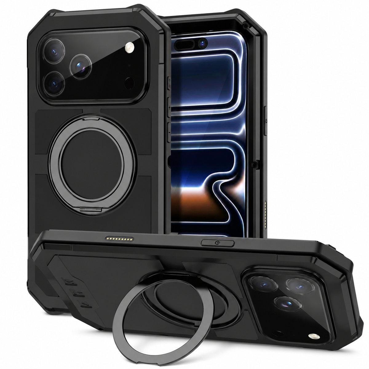 Premium iPhone Case MagSafe Compatible Magnetic Protective Cover Aluminum Armor Frame Built-in Kickstand Glass Screen Protector Shockproof Bumper Full Protection