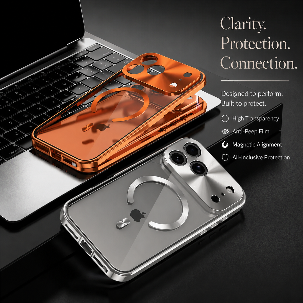 Premium iPhone Case MagSafe Compatible Magnetic Protective Cover Aluminum Frame Privacy Screen Protector Clear Back Shockproof Camera Lens Guard Slim Design