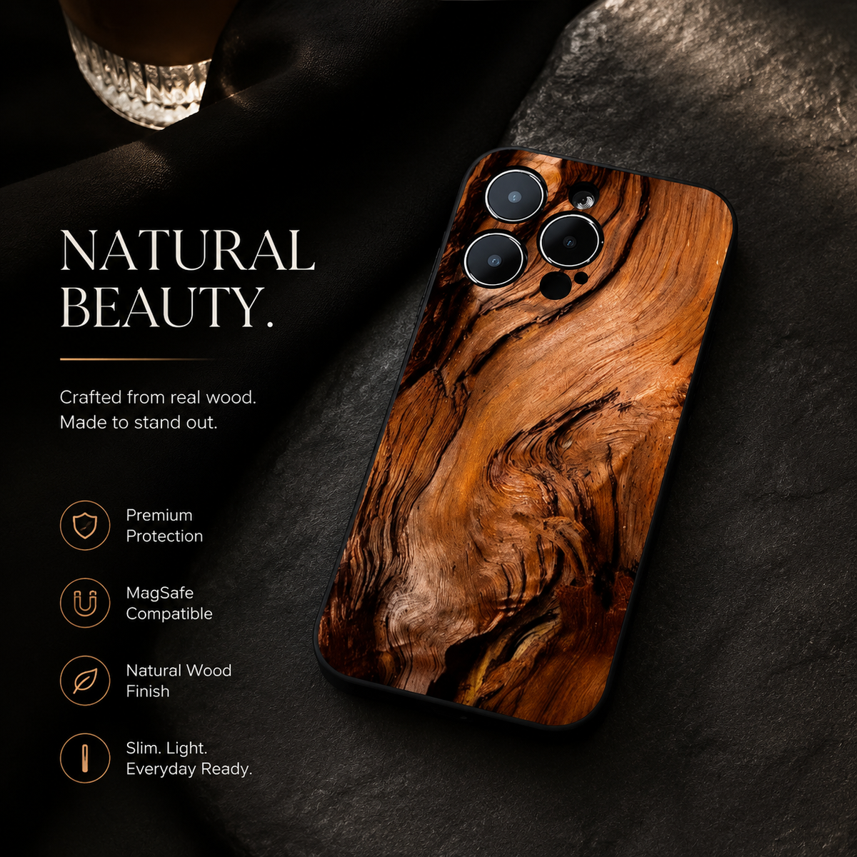 Premium iPhone Case MagSafe Compatible Magnetic Protective Cover Natural Wood Back Shockproof TPU Bumper Camera Lens Protection Ultra Thin Slim Design