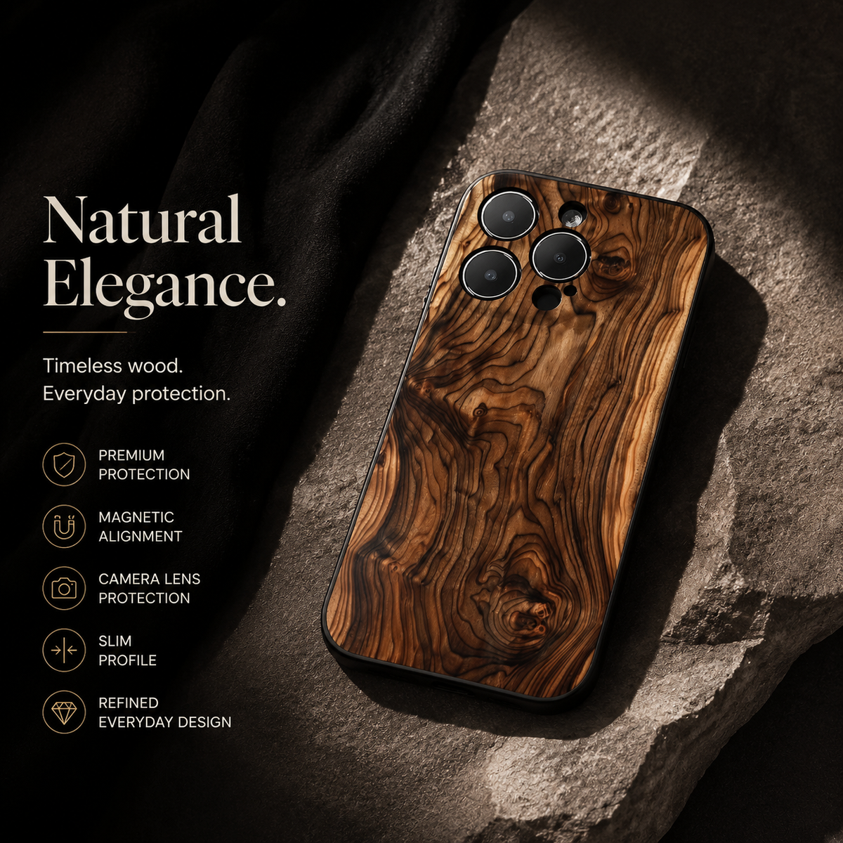 Premium iPhone Case MagSafe Compatible Magnetic Protective Cover Natural Wood Back Shockproof TPU Bumper Camera Lens Protection Ultra Thin Slim Design
