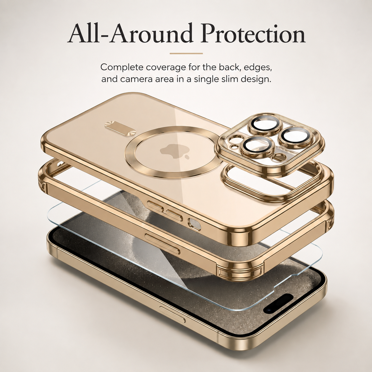Premium iPhone Case MagSafe Compatible Magnetic Protective Cover Transparent TPU Desert Gold Finish Shockproof Camera Lens Protection Slim Design