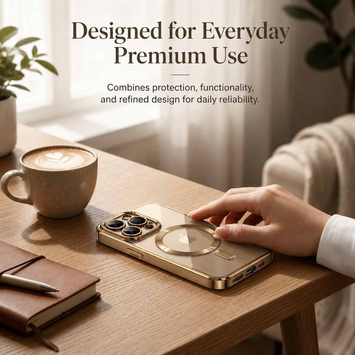 Premium iPhone Case MagSafe Compatible Magnetic Protective Cover Transparent TPU Desert Gold Finish Shockproof Camera Lens Protection Slim Design