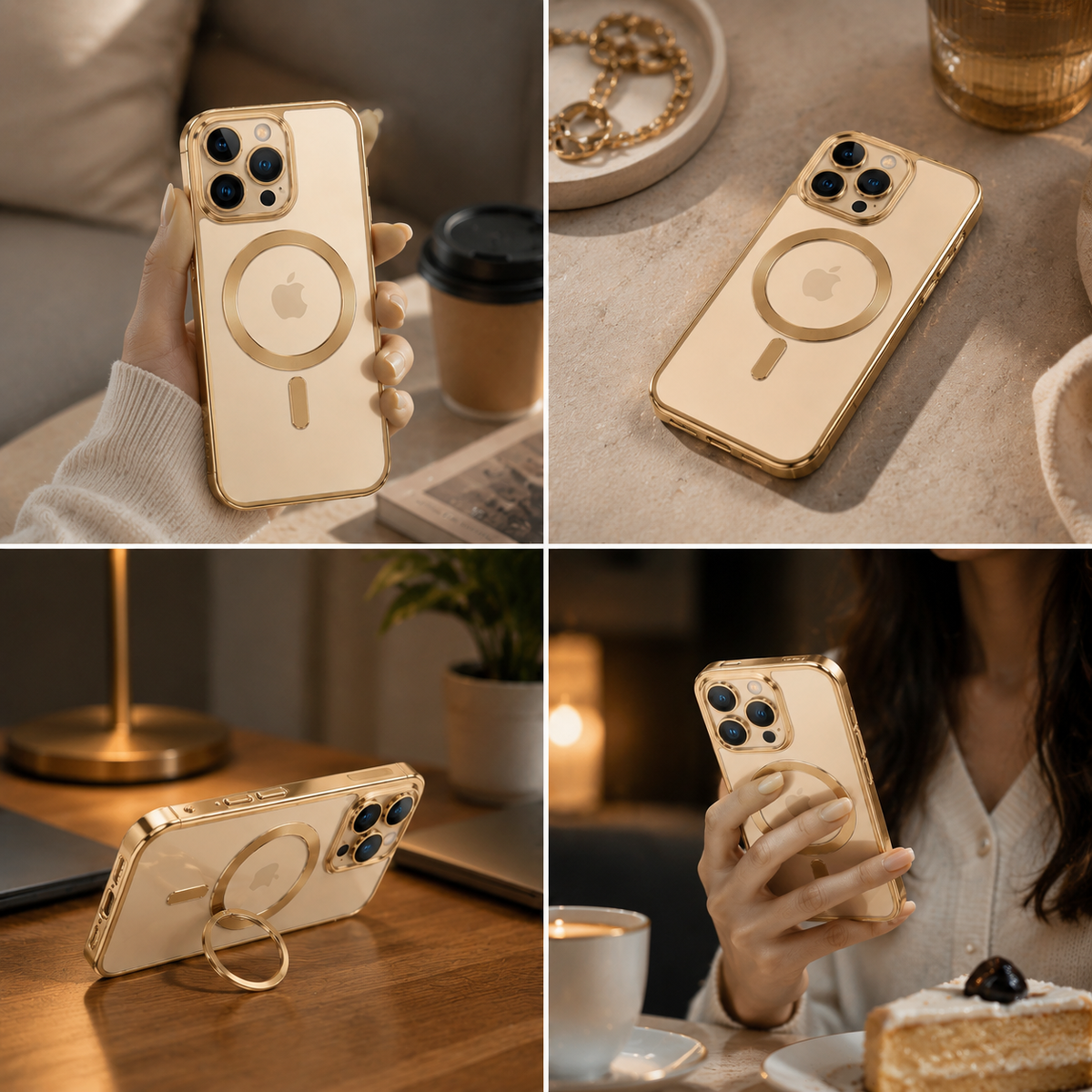 Premium iPhone Case MagSafe Compatible Magnetic Protective Cover Transparent TPU Desert Gold Finish Shockproof Camera Lens Protection Slim Design