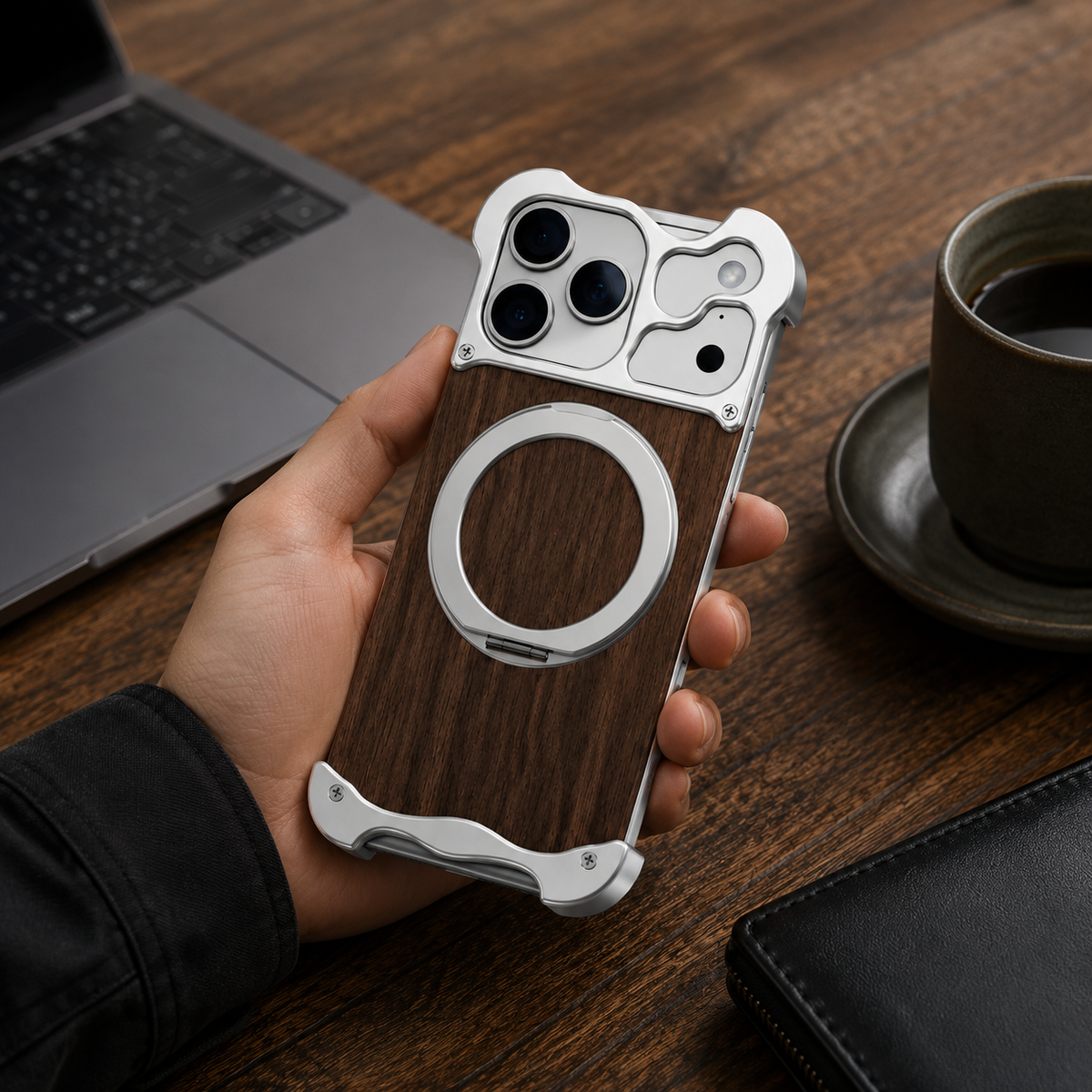 Premium iPhone Case MagSafe Compatible Magnetic Protective Cover Wood Back Aluminum Frame 360° Rotating Ring Stand Shockproof Camera Lens Protection Slim Design